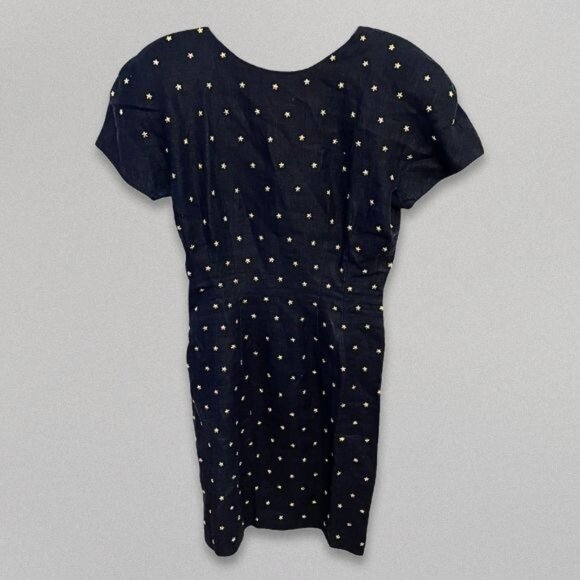 Carmen Marc Valvo Dress Metallic Star Embellished Deep V-Back Linen Navy Blue 8 - Picture 1 of 8